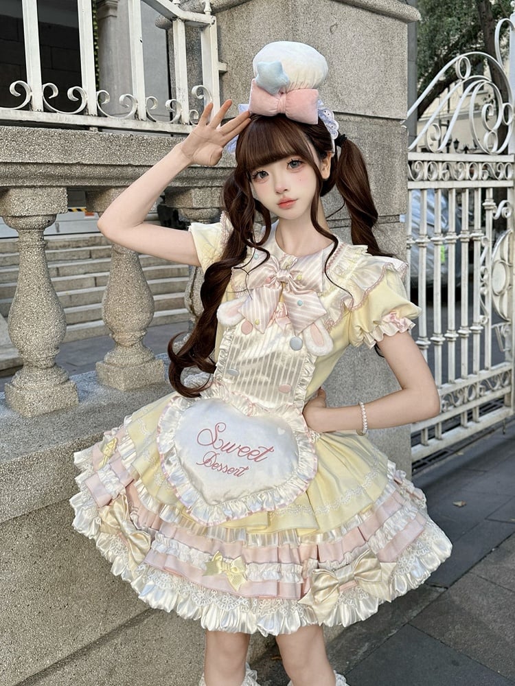 Yellow & Pink Bunny Maid Sweet Lolita Puff Sleeve Dress detail view 7