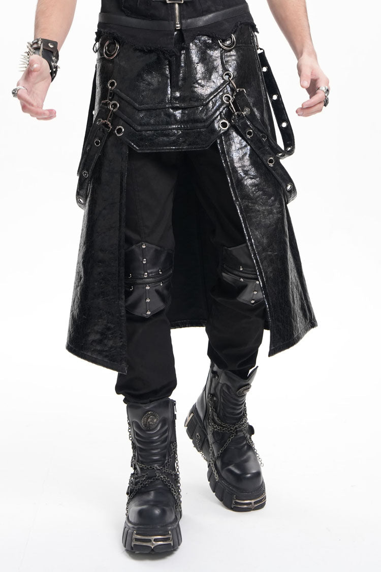 Black Faux Leather Stitching Eyelets Strap Rings Men's Gothic Skirt - Black - 1