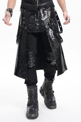 Black Faux Leather Stitching Eyelets Strap Rings Men's Gothic Skirt - Black - 1