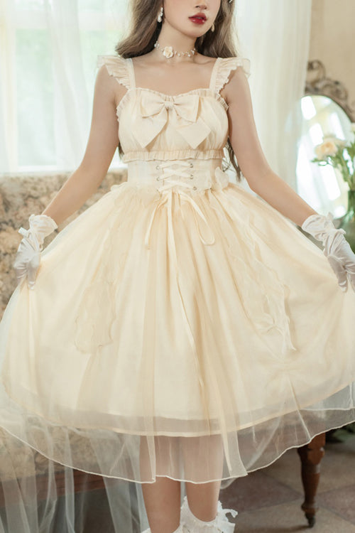Beige Ruffled Strap Bow Sleeveless Sweet Lolita JSK Dress - Beige - 1