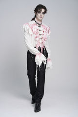 White High Collar Long Trumpet Sleeves Color-Blocked Pleated Men's Gothic Shirt - Product - 8