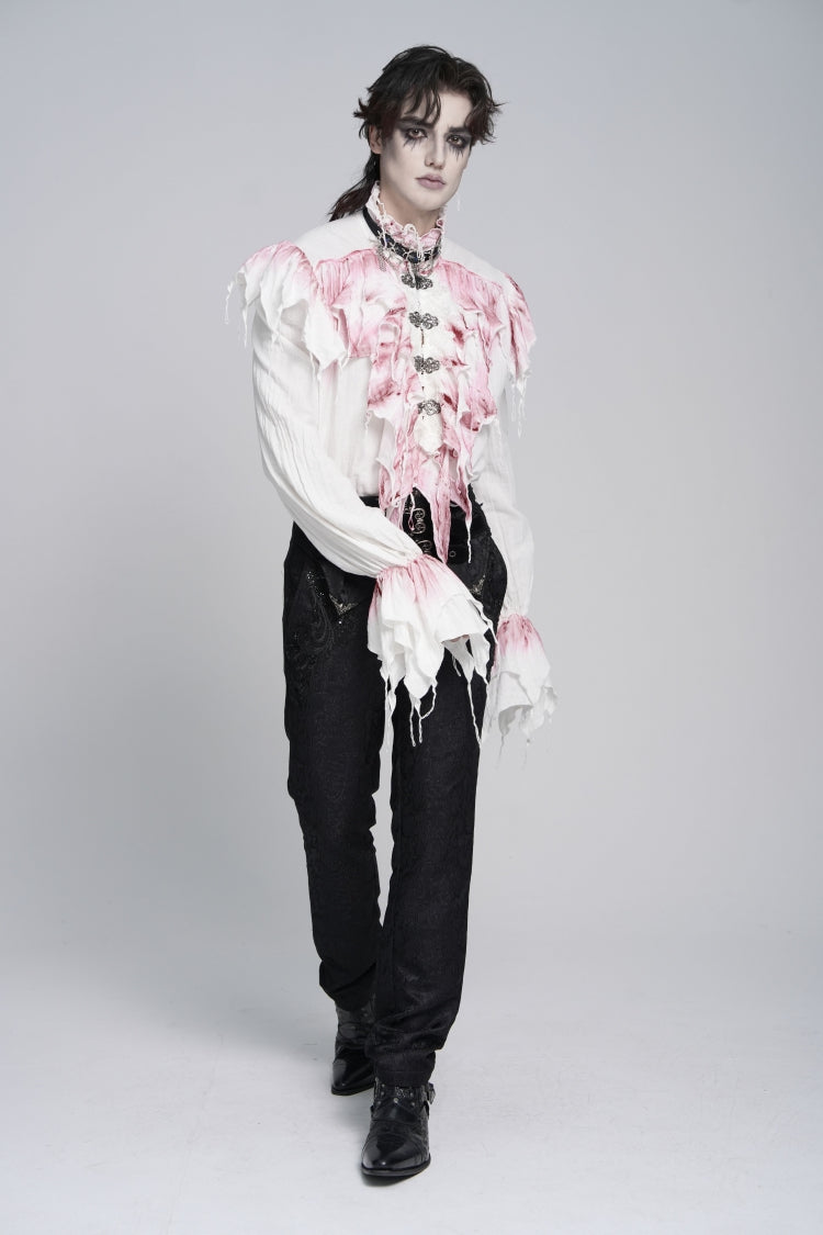 White High Collar Long Trumpet Sleeves Color-Blocked Pleated Men's Gothic Shirt - Product - 8