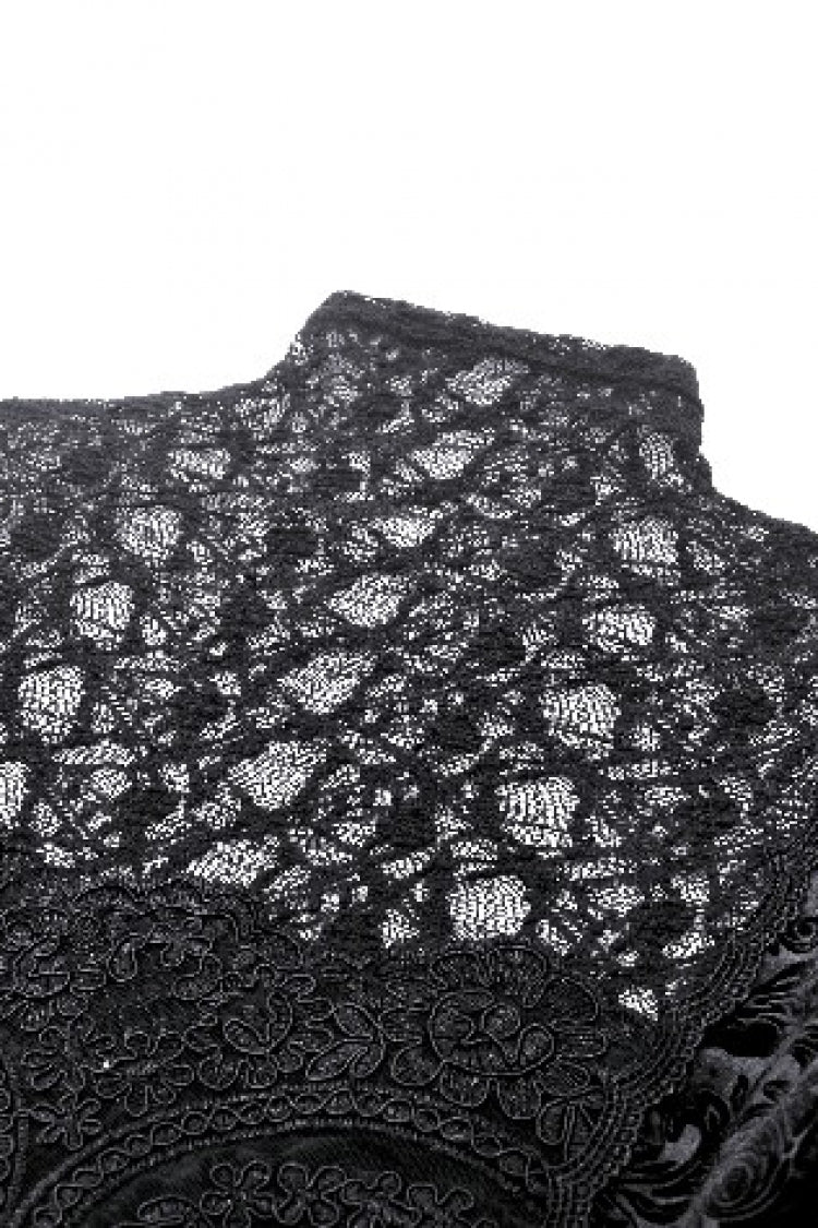 Black Ruffled Turtleneck Bishop Long Sleeves Floral Lace Patchwork Velvet Women's Gothic Blouse - Product - 12