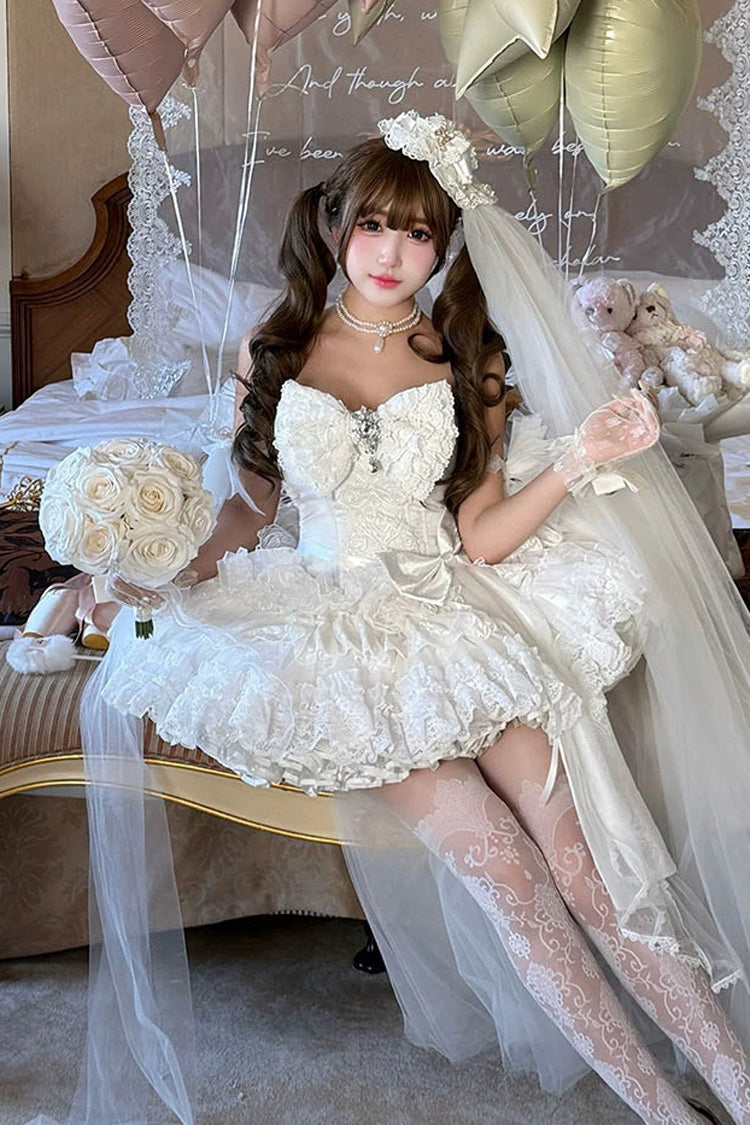 White [White Feather Promise] Sleeveless Multi-Layered Ruffled Hanayome Bow Lace Sweet Lolita Jsk Dress - Product - 4