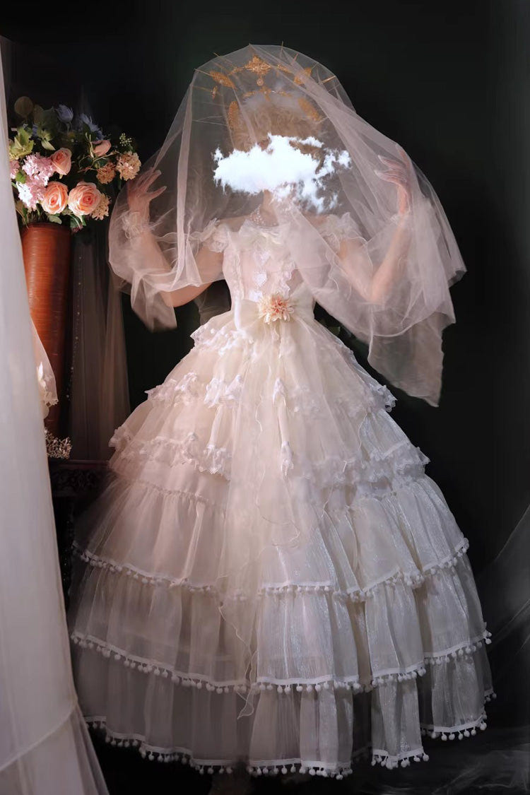 White Multi-Layered Ruffled Hanayome Bow Pearl-Decorated Sweet Lolita Jsk Dress Full Set 2 Versions - White(Long Version) - 1