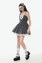 Black/White Pinstriped Sleeveless Lace Lace-Up Women's Gothic Lolita Slip Dress Graduation Dress - Product - 10