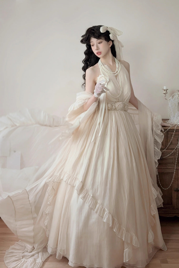 Apricot Halterneck Sleeveless Ruffle Bowknot Lace Sweet Princess Lolita Jsk Long Dress Set - Apricot - 1