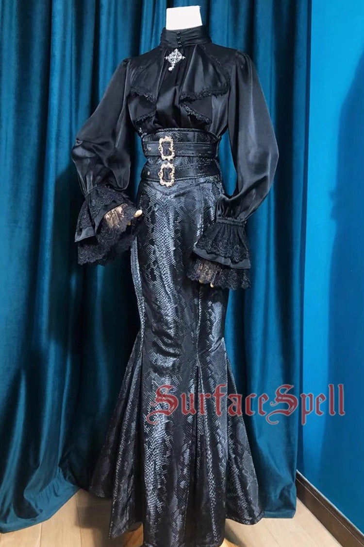 Black Faux Leather Snake Print Flared Fishbone Mermaid Gothic Lolita Skirt - Product - 3