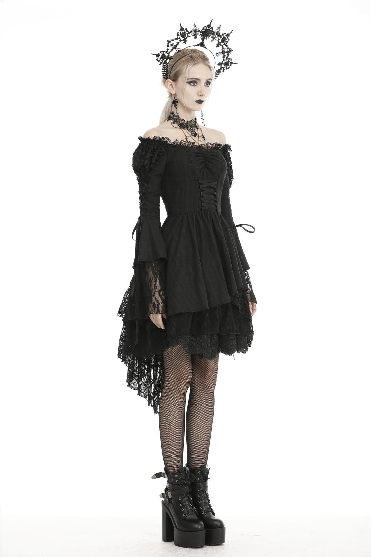 Black Off Shoulder Long Trumpet Puff Sleeves Lace-Up Strappy Mesh Women's Gothic Cocktail Dress - Product - 2