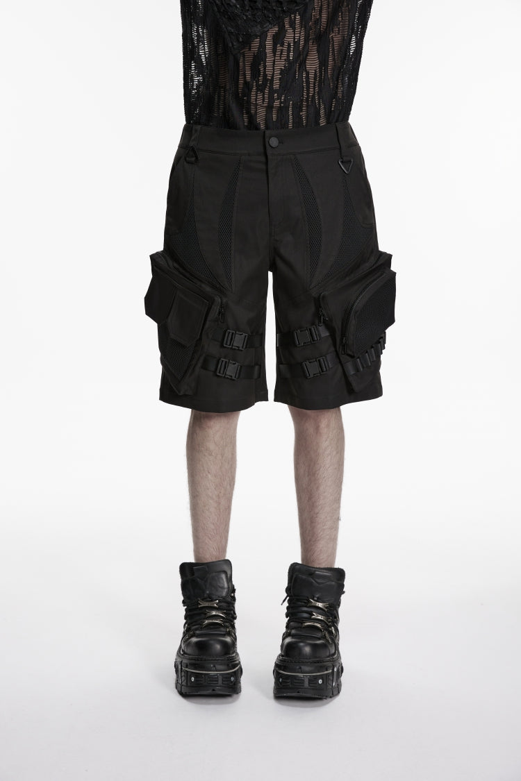 Black Buckled Men's Punk Cool Shorts with Big Pockets - Product - 5