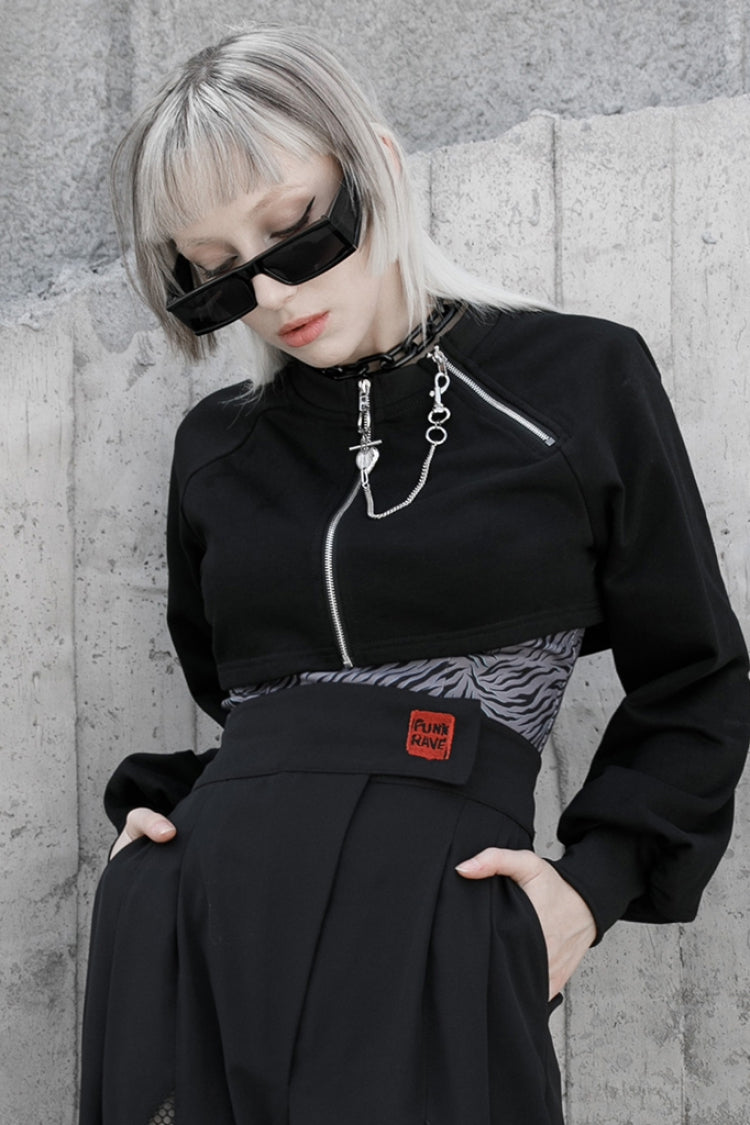 Black Metal Double Zipper Round Collar Long Sleeves Women's Gothic Coat - Product - 2