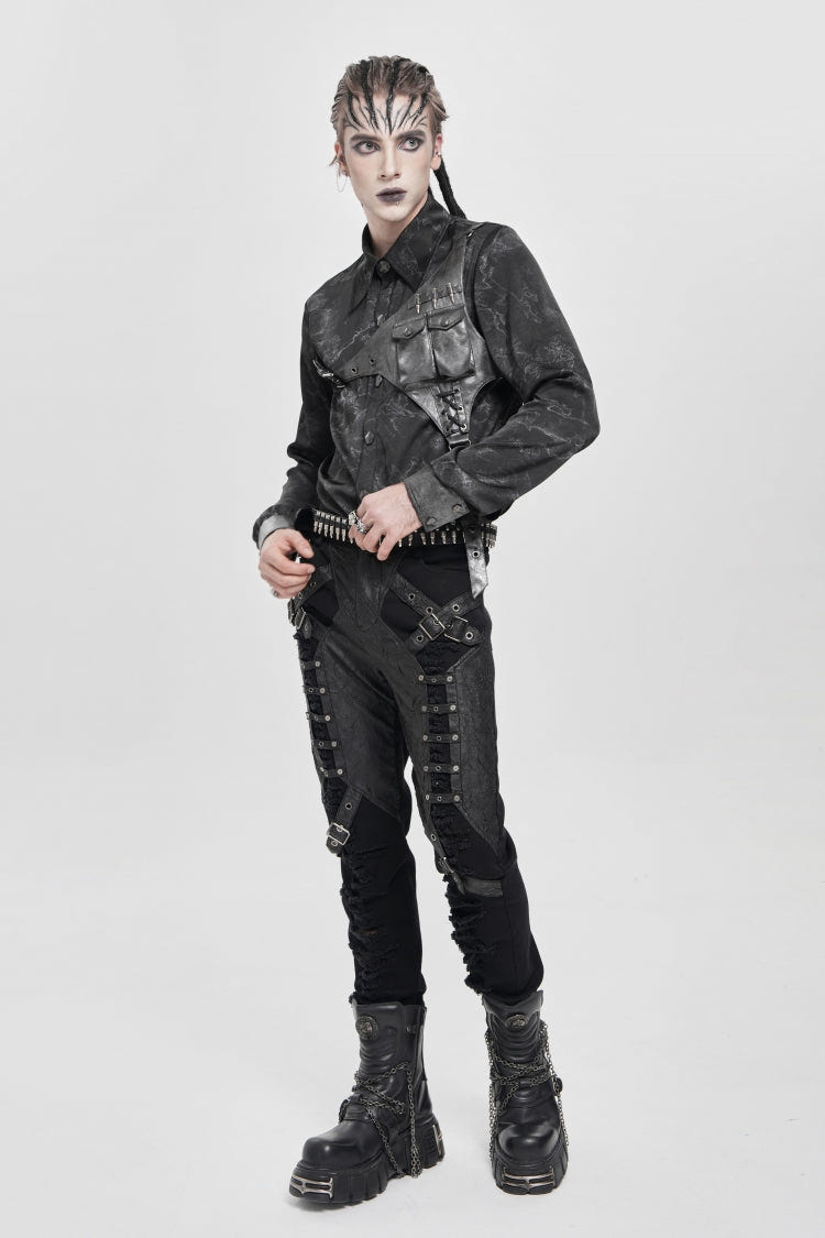ブラック 長袖 プリント 切り替え アシンメトリー Bullet メンズ パンク ブラウス 商品画像