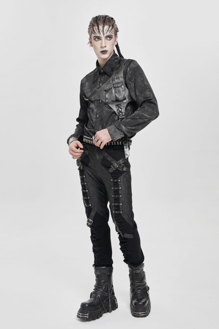 Black Long Sleeves Print Stitching Asymmetric Bullet Men's Punk Blouse - Product - 11