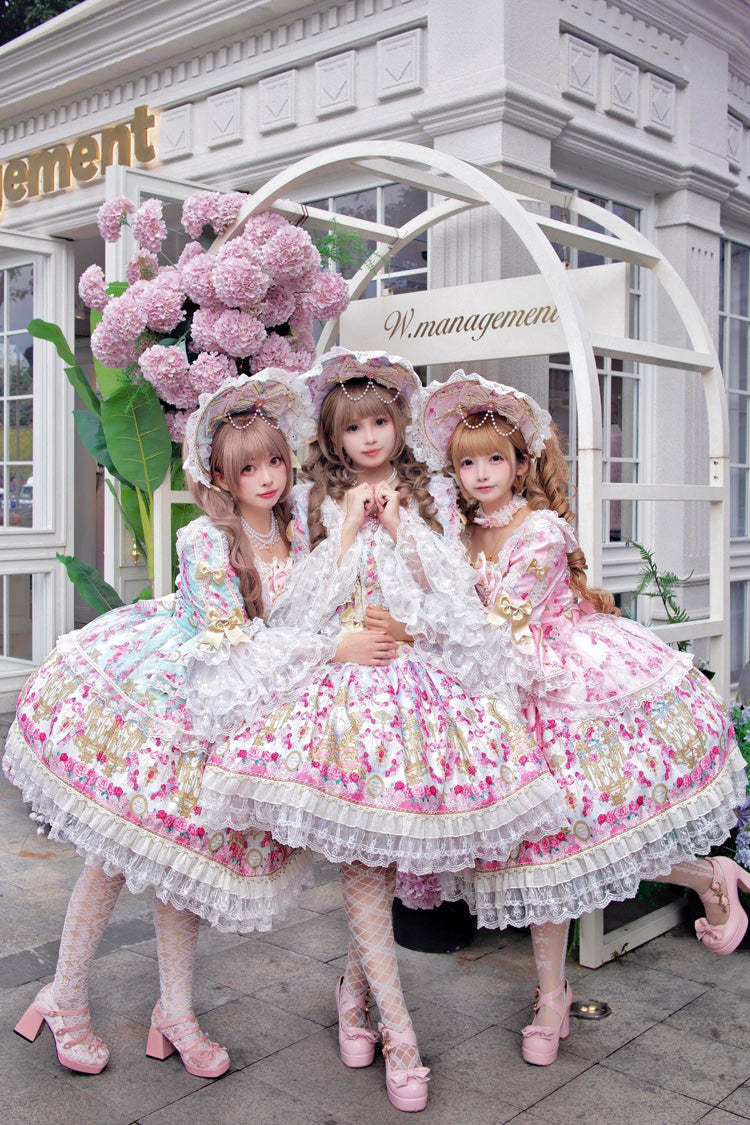 Blue/Pink [Rose Garden Prelude] Square Collar Long Trumpet Sleeves Printed Ruffled Bow Lace Lace-Up Sweet Lolita Dress - Product - 4