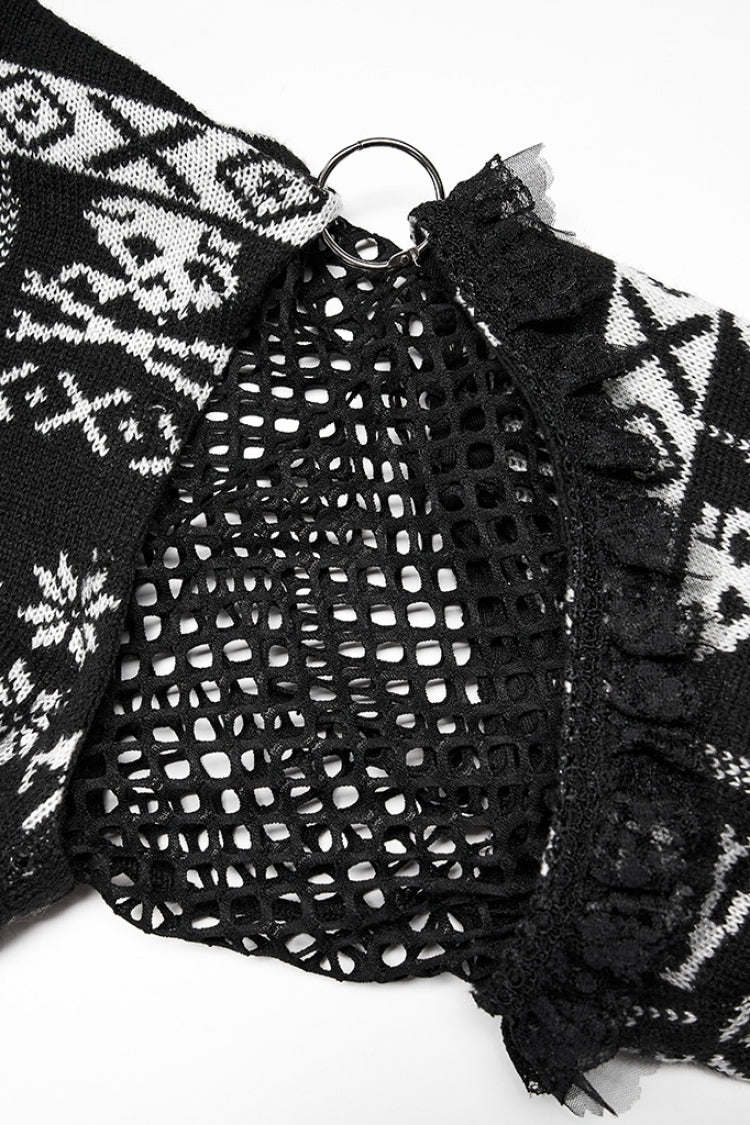 Black/White Stand Collar Long Sleeves Skull Deer Print Grunge Women's Gothic Loose Sweater - Product - 6