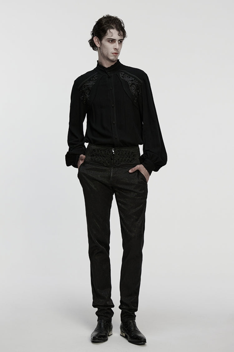Black Stand Collar Long Lantern Sleeves Floral Jacquard Men's Gothic Blouse - Product - 4