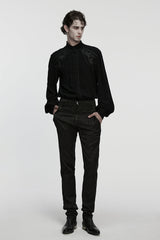 Black Stand Collar Long Lantern Sleeves Floral Jacquard Men's Gothic Blouse - Product - 4