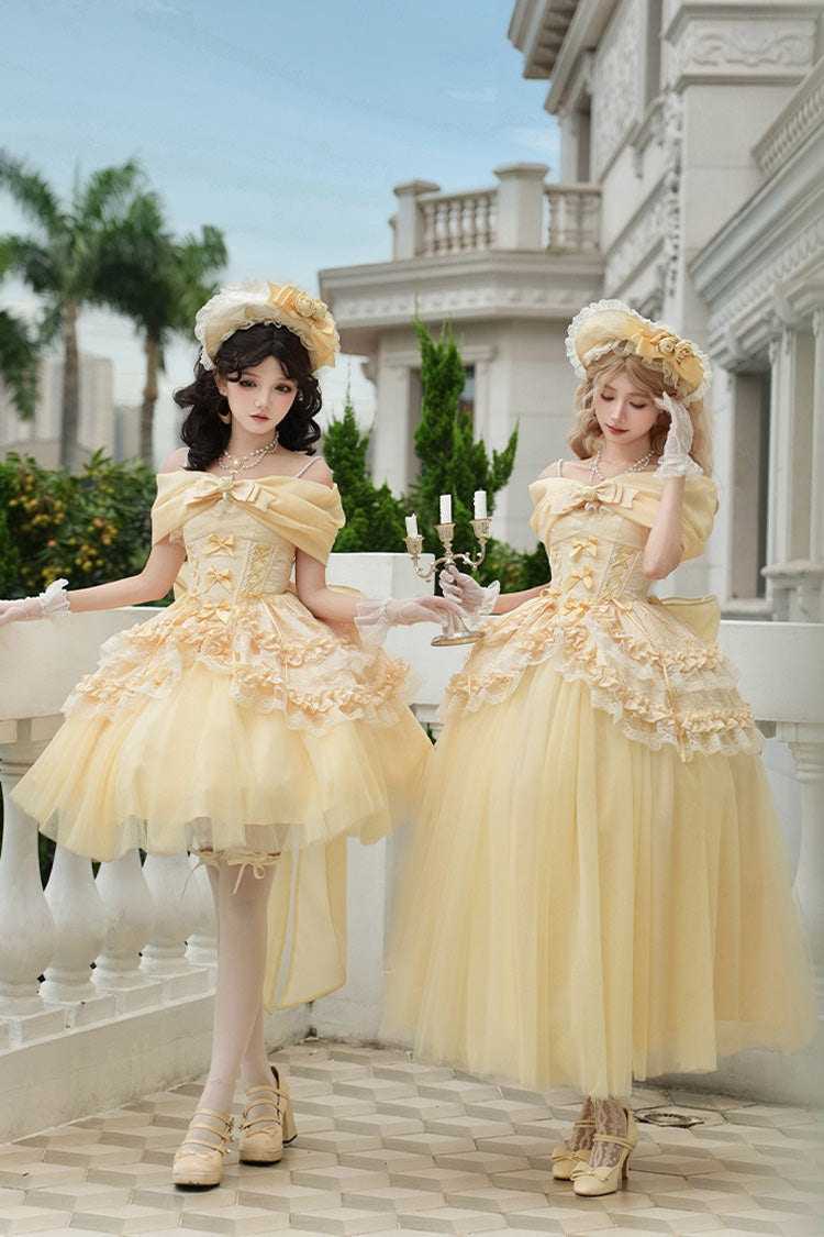 Yellow [Sissi's Pilgrimage] Off Shoulder Ruffle Bowknot Lace Sweet Lolita Skirt (Long Version) - Product - 17