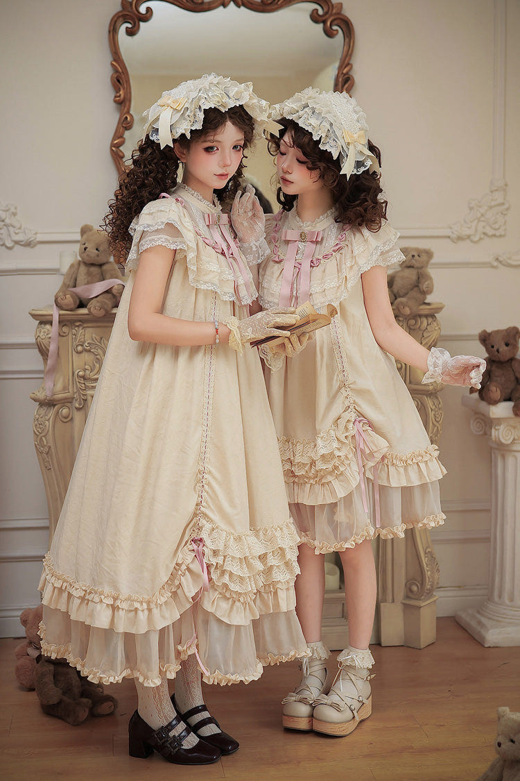 Apricot [Lily's Dream] Stand Collar Short Sleeves Loose-Fit Doll-Like Multi-Layered Ruffled Bow Lace Sweet Lolita Dress 2 Versions - Product - 7
