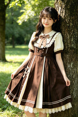Brown Lapel Collar Short Sleeves Ruffled Open-Front Bow Sweet Plus Size Lolita Dress - Brown - 1