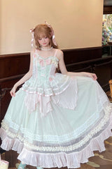 Pink/Green Summer Garden Ruffle Embroidery Bowknot Lace Sweet Lolita Jsk Long Dress - Product - 2