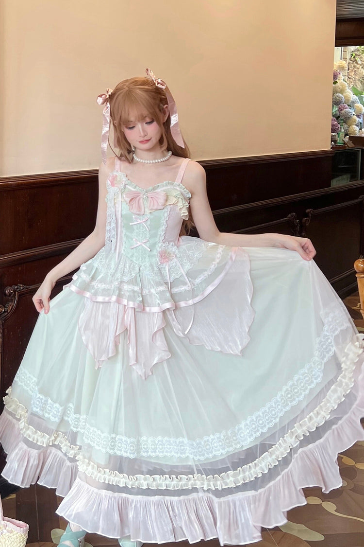 Pink/Green Summer Garden Ruffle Embroidery Bowknot Lace Sweet Lolita Jsk Long Dress - Product - 2