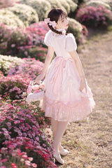 Pink Round Collar Short Sleeves Lace Ruffle Bowknot Sweet Princess Lolita Dress - Product - 12