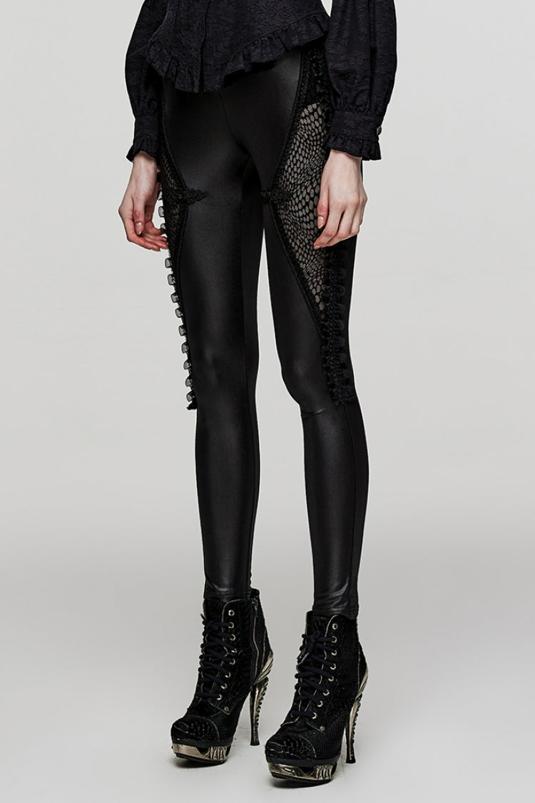Black Ruffle Embroidery Stitching Lace Slim Mesh Women's Steampunk Leggings - Product - 2
