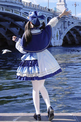 White/Blue [Starlight Academy Style] Long Sleeves Printed Ruffled Spliced Asymmetric Faux Two-Piece Sweet Lolita Dress - Product - 11
