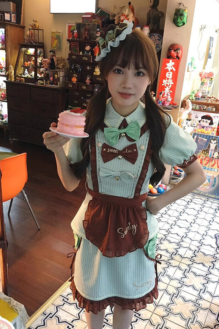 Green [Sweet Soda] Short Sleeves Print Ruffle Bowknot Apron Sweet Vintage Lolita Skirt Set - Product - 3