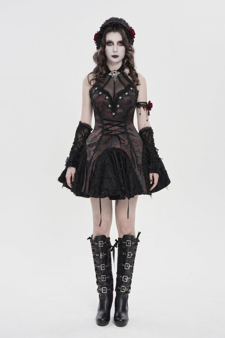 Black/Red Off Shoulder Sleeveless Printed Spliced Lace Lace-Up Pleated Women's Gothic Dress - Product - 2