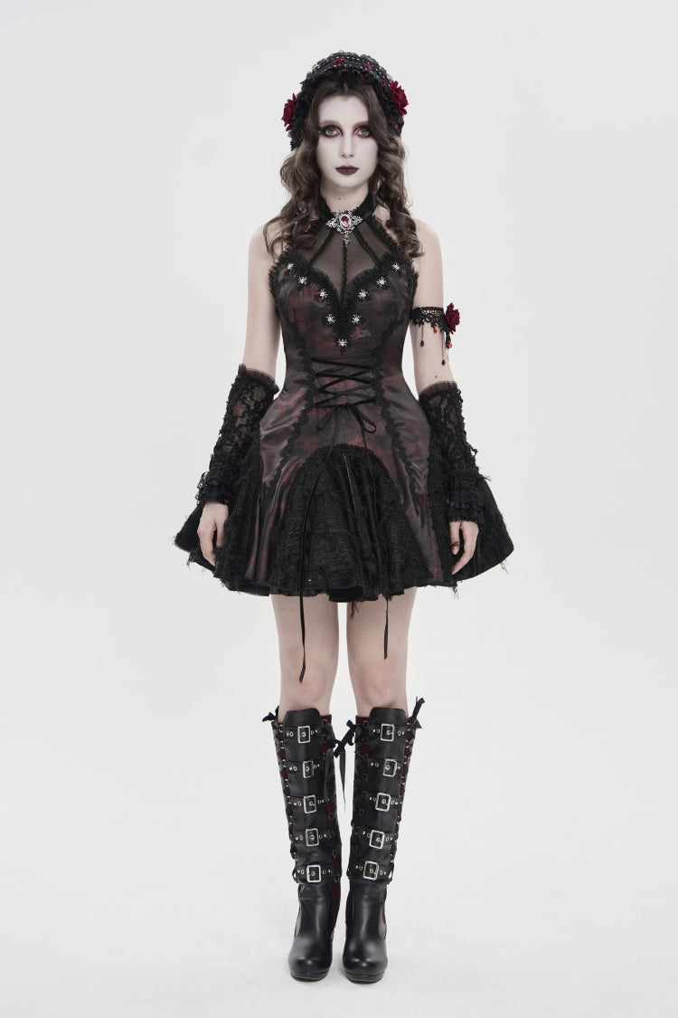 Black/Red Off Shoulder Sleeveless Printed Spliced Lace Lace-Up Pleated Women's Gothic Dress - Product - 2