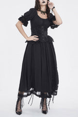 Black Short Sleeves Ruffle Drawstring Women's Gothic Dress - Black - 1