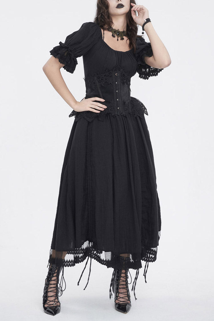 Black Short Sleeves Ruffle Drawstring Women's Gothic Dress - Black - 1