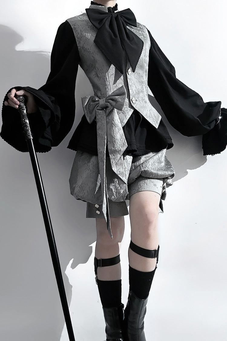 Grey Rabbit Hunt Dark Pattern Jacquard Print Ouji Vintage Prince Lolita Vest - Grey - 1