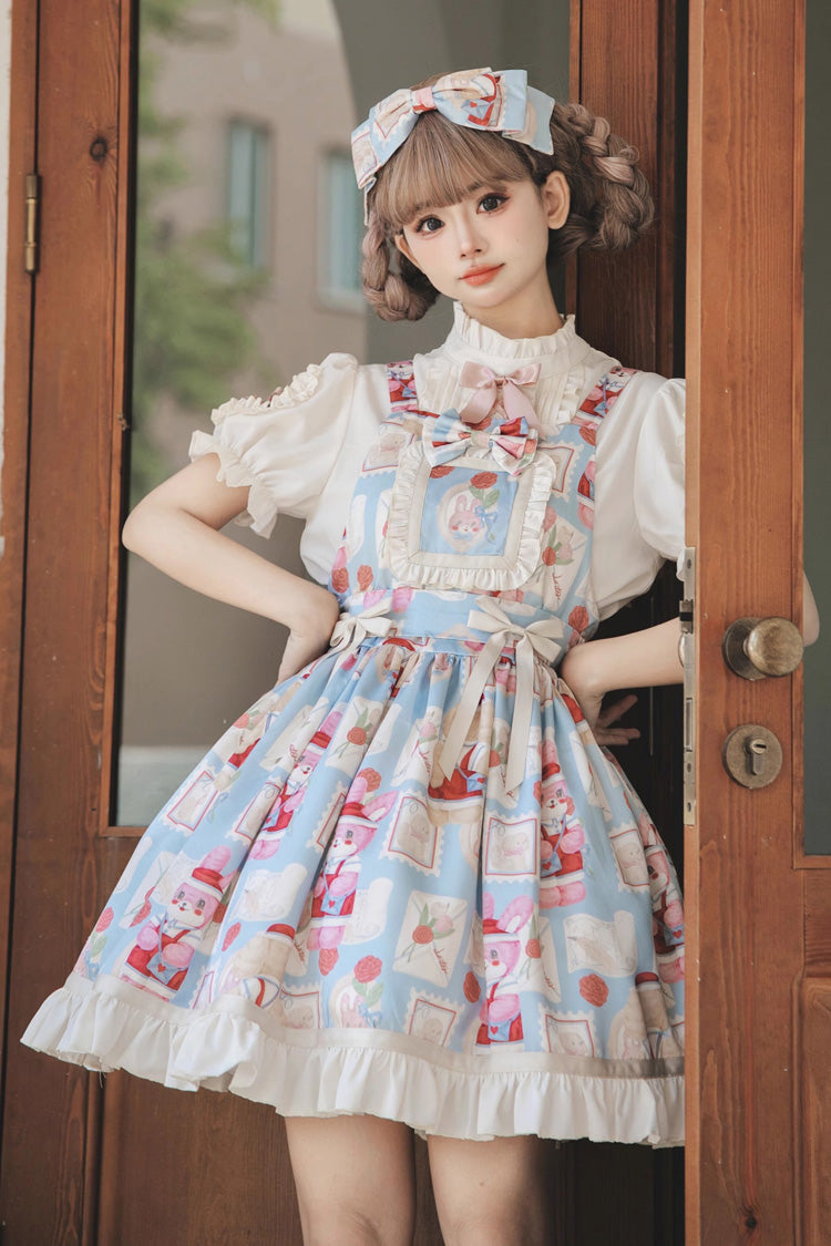 Light Blue [Letter from Showa] Rabbit and letter Print Ruffle Bowknot Sweet Princess Lolita Strap Dress - Light-Blue - 1