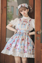 Light Blue [Letter from Showa] Rabbit and letter Print Ruffle Bowknot Sweet Princess Lolita Strap Dress - Light-Blue - 1