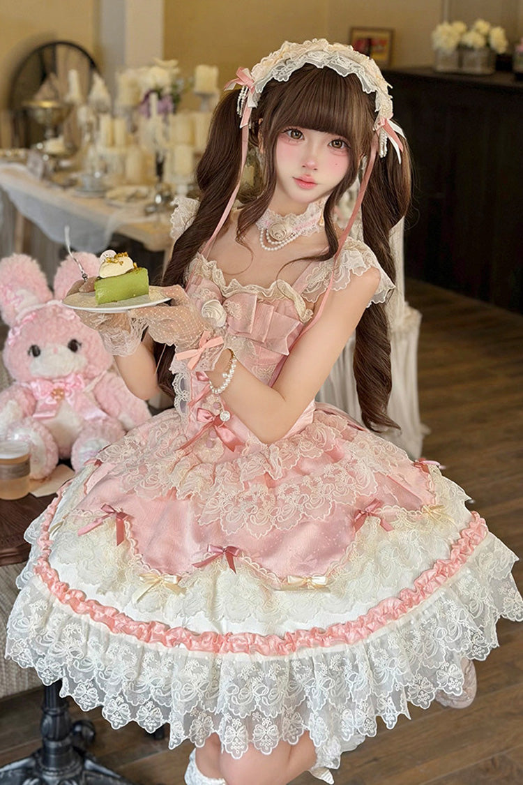 Pink [Rose Feather Romance] Square Collar Ruffled Bow Lace Ballet Sweet Lolita Jsk Dress - Product - 5