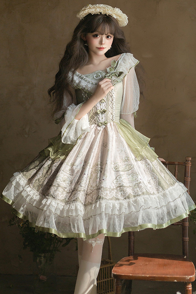 Green [Teacup Rabbit Little Fresh] Print Ruffle Bowknot Lace Lace-Up Sweet Lolita OP Dress - Product - 6
