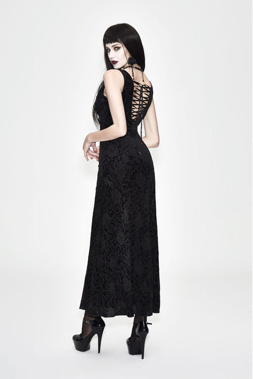 Gothic Nipped Waist Black With Purple Long Rose Lace Womens Dress - image 4