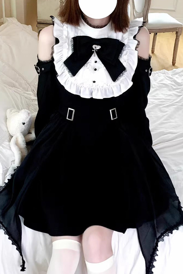 Black/White Stand Collar Off Shoulder Long Sleeves Ruffled Bow Lace Gothic Jirai Kei Japanese Lolita Dress - Product - 4