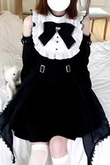 Black/White Stand Collar Off Shoulder Long Sleeves Ruffled Bow Lace Gothic Jirai Kei Japanese Lolita Dress - Product - 4