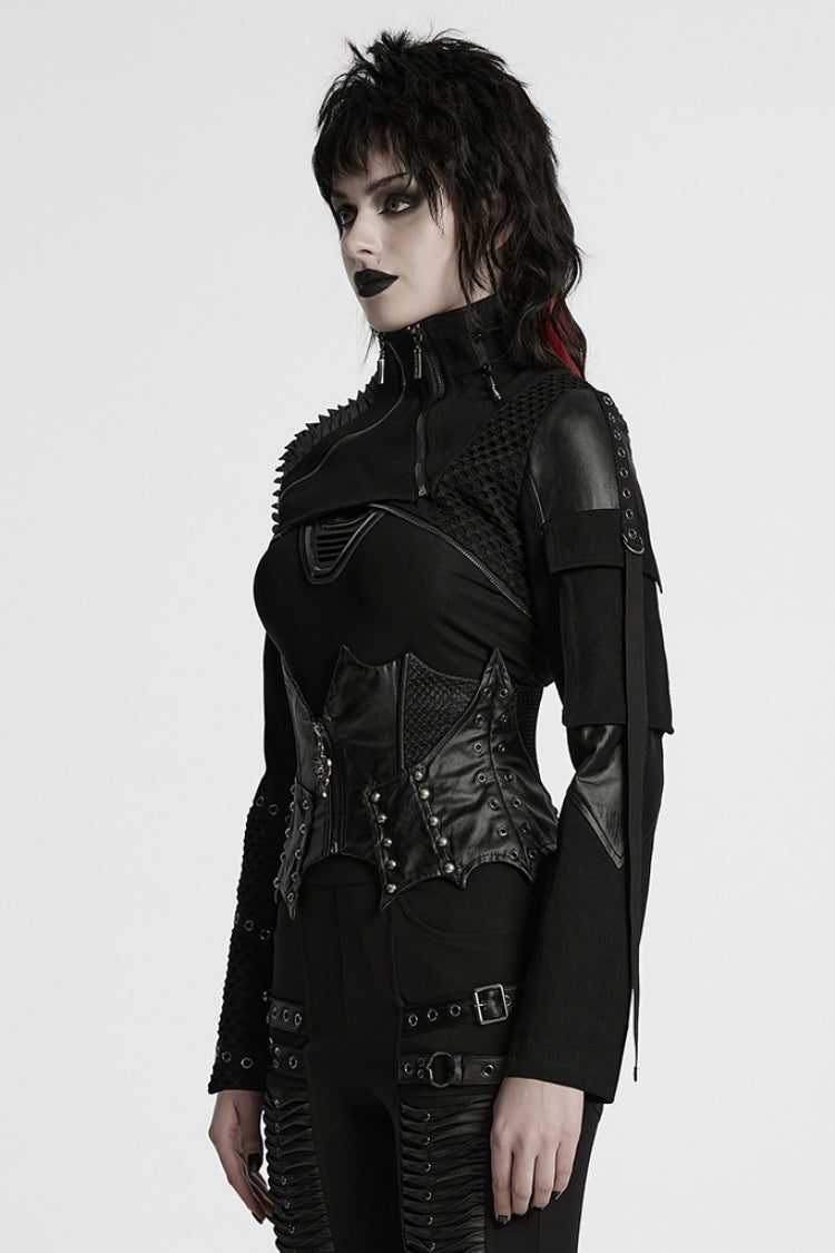 Black Stand Collar Long Sleeves Rivet Women's Gothic Short Jacket - Product - 2