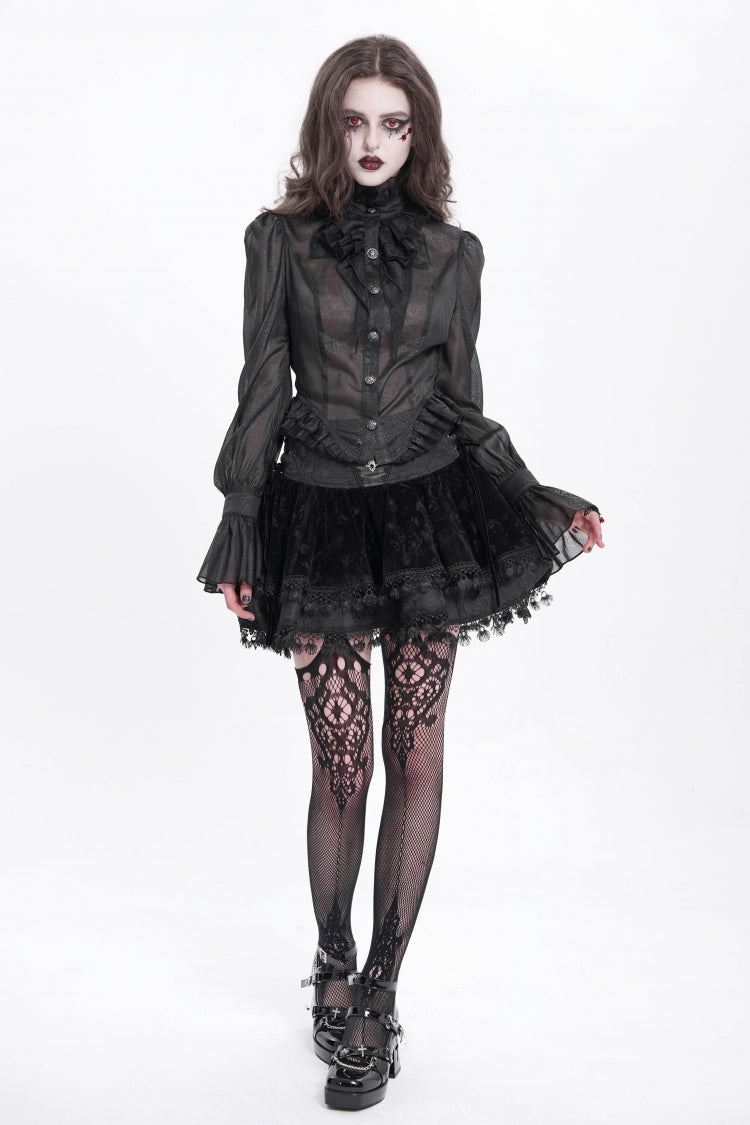 Black Stand Collar Ruffle Sheer Women's Swallow-tailed Gothic Blouse - Product - 12