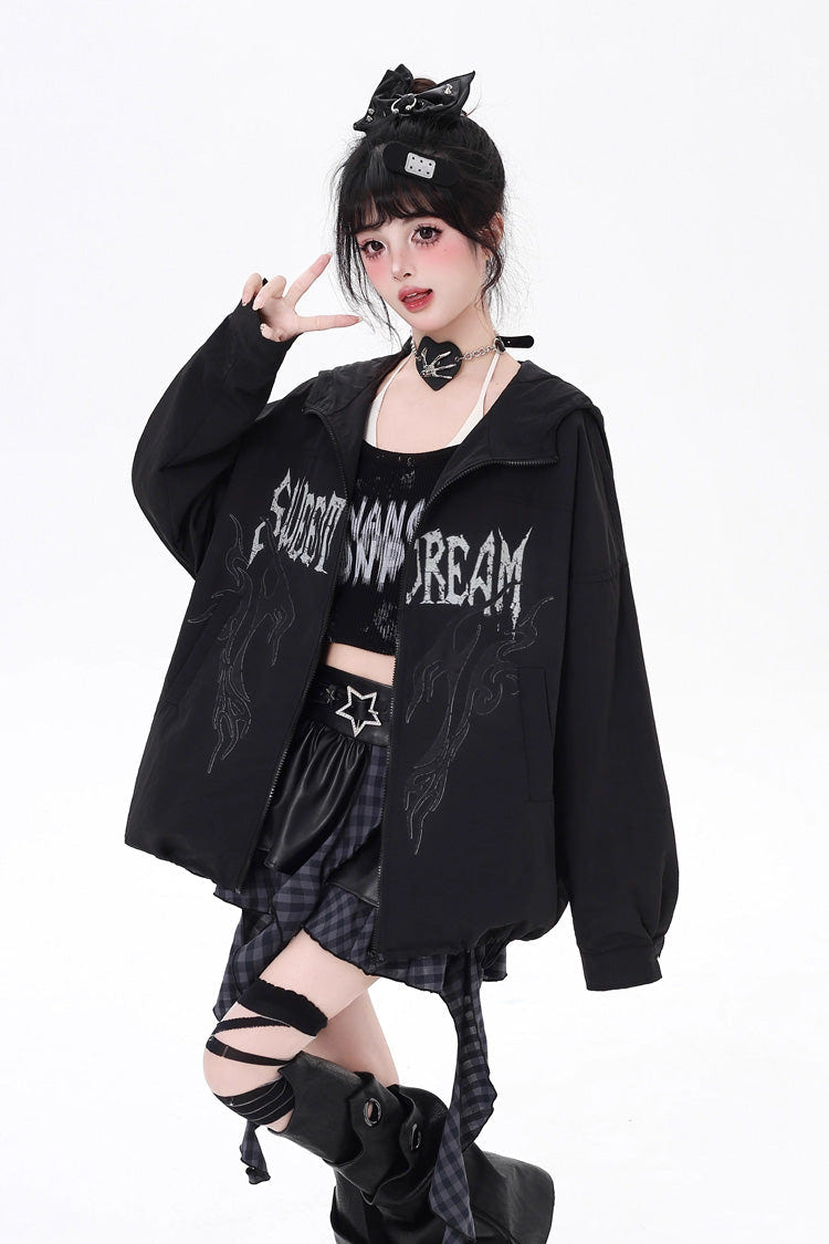 Black Long Sleeves Print Zipper Gothic Loose Jirai Kei Coat - Black - 1