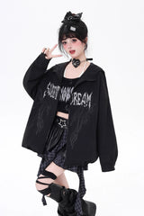 Black Long Sleeves Print Zipper Gothic Loose Jirai Kei Coat - Black - 1