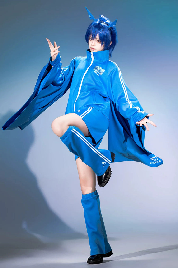 Blue [Network Error] Stand Collar Long Trumpet Sleeves Ouji Gothic Functional Style Japanese Prince Lolita Coat Shorts Set - Product - 4