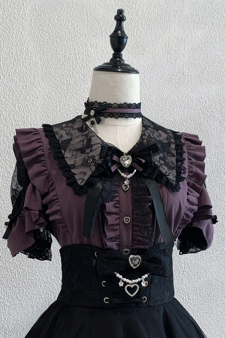 Purple [Dreamy Love Ballad] Lapel Collar Short Sleeves Double-Layered Ruffled Cut-Out Bow Gothic Japanese Jirai Kei Skirt Set - Purple-Top(Only) - 5