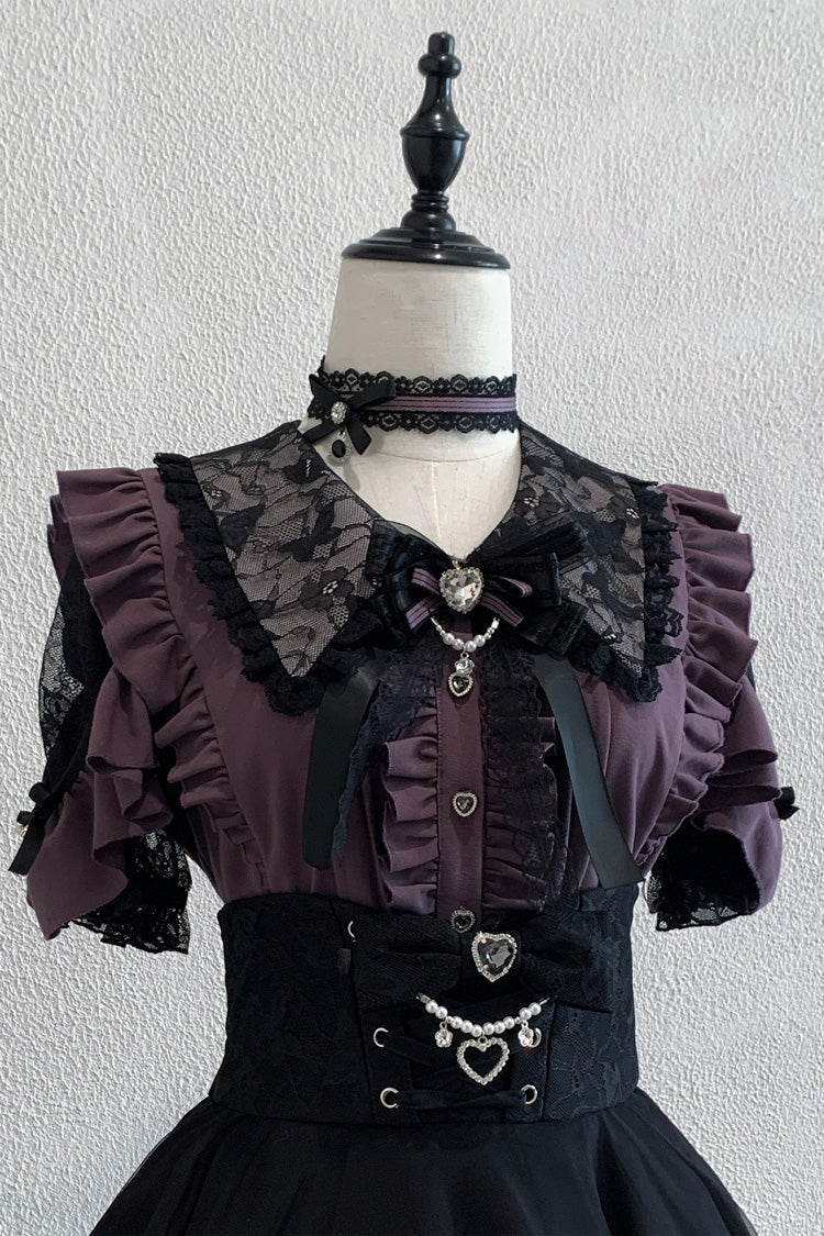 Purple [Dreamy Love Ballad] Lapel Collar Short Sleeves Double-Layered Ruffled Cut-Out Bow Gothic Japanese Jirai Kei Skirt Set - Purple-Top(Only) - 5