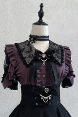 Purple [Dreamy Love Ballad] Lapel Collar Short Sleeves Double-Layered Ruffled Cut-Out Bow Gothic Japanese Jirai Kei Skirt Set - Purple-Top(Only) - 5